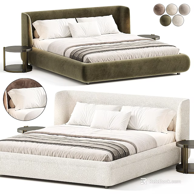 Double Bed Designs with Green Velvet and Beige Frames Striped Linens and Pillows 3d model 