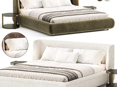 Double Bed Designs with Green Velvet and Beige Frames Striped Linens and Pillows 3d model