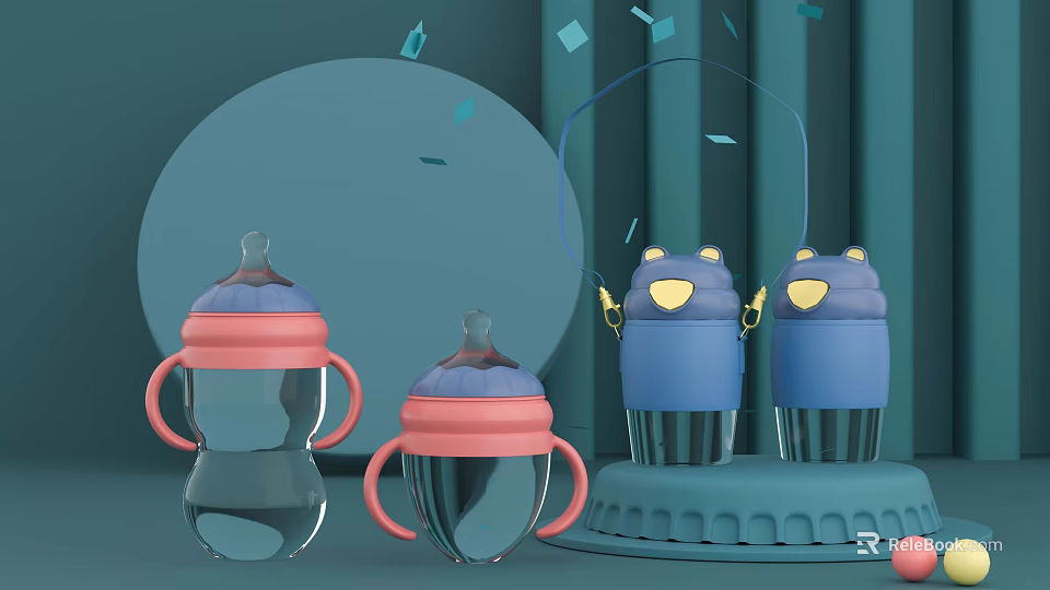 Ceramic Wares Featuring Frog Shaped Baby Bottles With Pink Blue Accents 3d model 