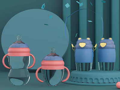 Ceramic Wares Featuring Frog Shaped Baby Bottles With Pink Blue Accents 3d model