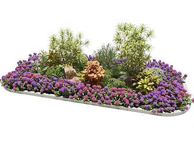 Roadside Landscaping Facilities With Purple Flowers Green Shrubs Decorative Stones And Plants 3d model