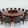 Elegant Round Wooden Conference Table With Dark Brown Finish And Surrounding Leather Chairs
