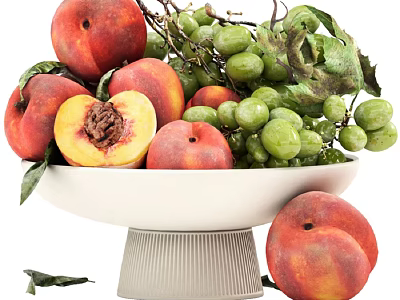 Fresh Ripe Peaches and Green Grapes in White Bowl with Juicy Flesh and Leaves 3d model
