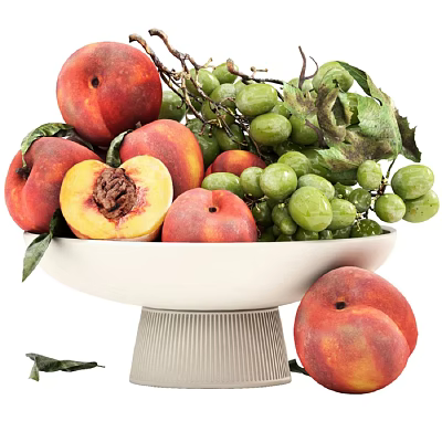 Fresh Ripe Peaches and Green Grapes in White Bowl with Juicy Flesh and Leaves 3d model