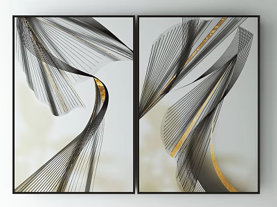Modern Abstract Wall Art With Black Gold Curved Lines And Light Background 3d model