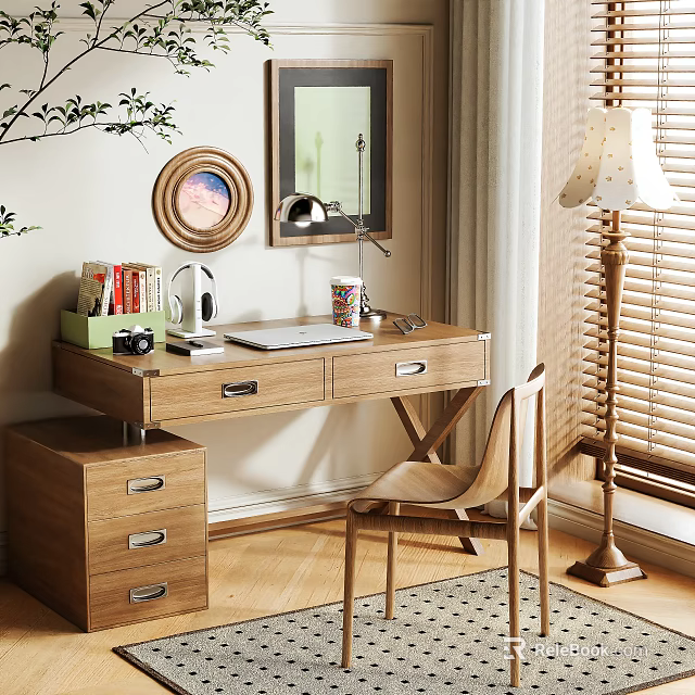 Stylish Wooden Desk With Drawers Mirror Chair Table Lamp And Books By Window 3d model 