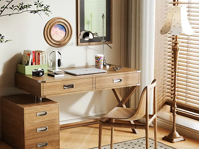 Stylish Wooden Desk With Drawers Mirror Chair Table Lamp And Books By Window 3d model