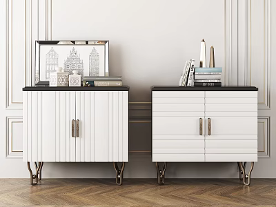 White Entryway Cabinet And Sideboard With Gold Metal Legs Black Countertop And Decorative Items 3d model
