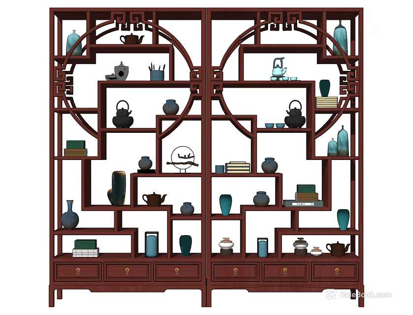 Traditional Wooden Bogu Shelf With Multiple Layers Displaying Porcelain Tea Sets Books And Figurines 3d model 