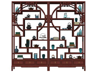 Traditional Wooden Bogu Shelf With Multiple Layers Displaying Porcelain Tea Sets Books And Figurines 3d model