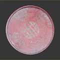 Pink Round Pedestal Table With Modern Smooth Surface And Decorative Base