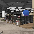 Supermarket Department Store With Large Cartoon Character Shelves Products Round Ceiling Lights And Colorful Billboard