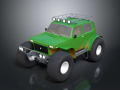Green Custom Off Road Vehicle With Large Tires Roof Rack And Headlights 3d model