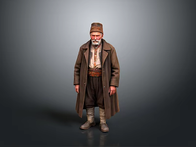 Elderly Man in Brown Long Coat with Hat Tie Belt and Boots Against Gray Background 3d model