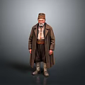 Elderly Man in Brown Long Coat with Hat Tie Belt and Boots Against Gray Background