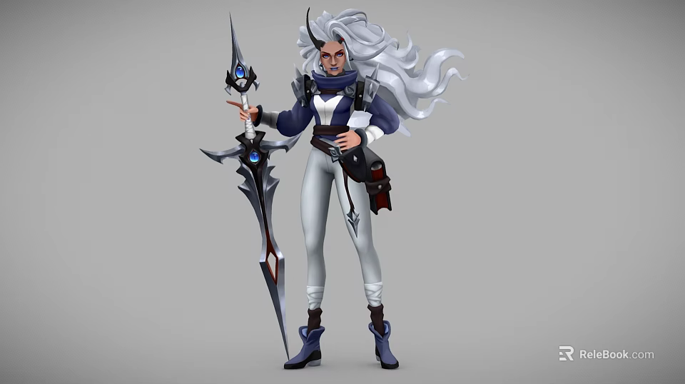 Woman With Silver Hair And Horns In Blue White Outfit Holding Spear With Blue Gem 3d model 