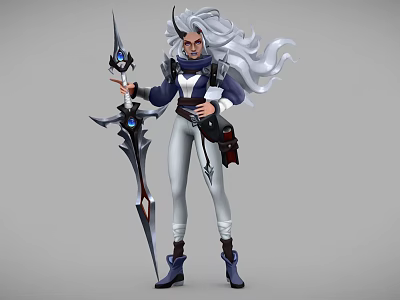 Woman With Silver Hair And Horns In Blue White Outfit Holding Spear With Blue Gem 3d model