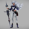 Woman With Silver Hair And Horns In Blue White Outfit Holding Spear With Blue Gem