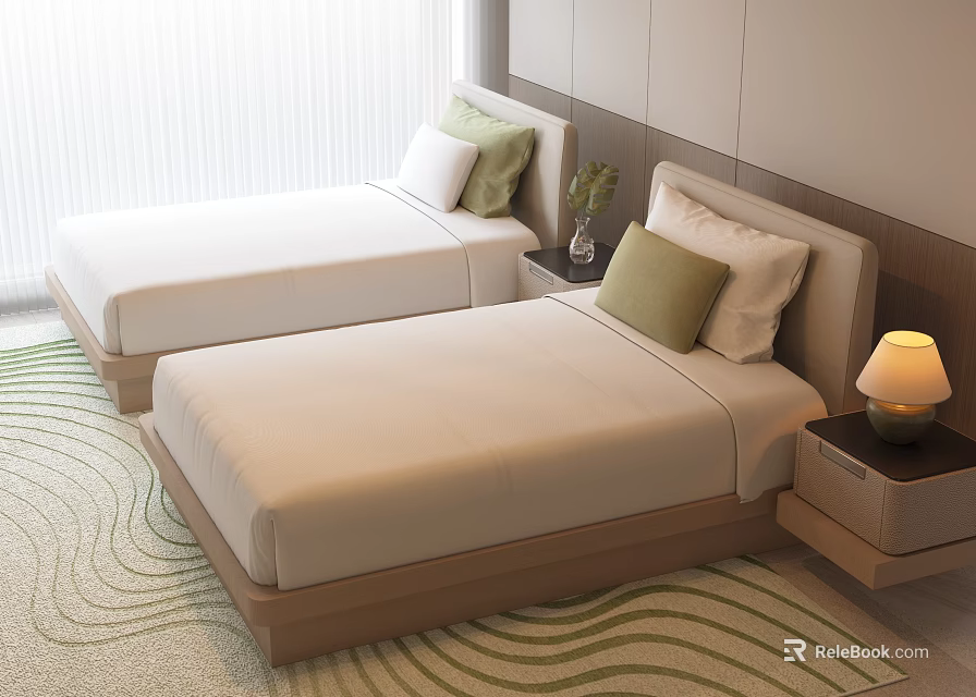 Modern Single Beds with White Bed Sheets Green Pillows and Wooden Nightstands on Carpet 3d model 