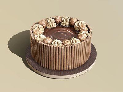 Delicious Chocolate Cake Decorated with Cream Swirls and Chocolate Balls on Striped Base 3d model
