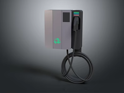 Sleek Gray Electric Vehicle Charger With Green Logo And Charging Cable 3d model