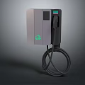 Sleek Gray Electric Vehicle Charger With Green Logo And Charging Cable
