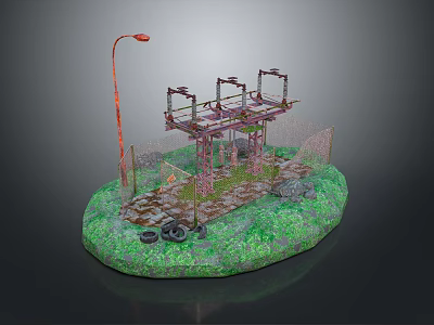 Scenic Circular Grassy Area With Red Street Lamp Metal Framework Tires and Gravel Path 3d model