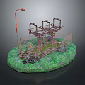 Scenic Circular Grassy Area With Red Street Lamp Metal Framework Tires and Gravel Path
