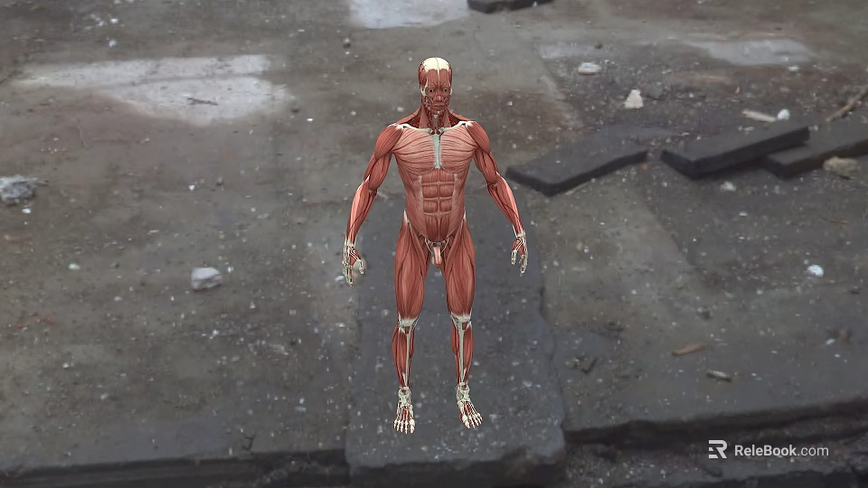 Human Male Muscular Anatomy Model Standing On Rough Cracked Ground With Detailed Muscle Structure 3d model 