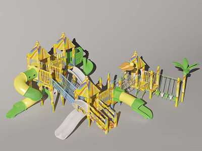 Colorful Playground Equipment With Slides Climbing Frames Bridge And Palm Tree Decoration 3d model