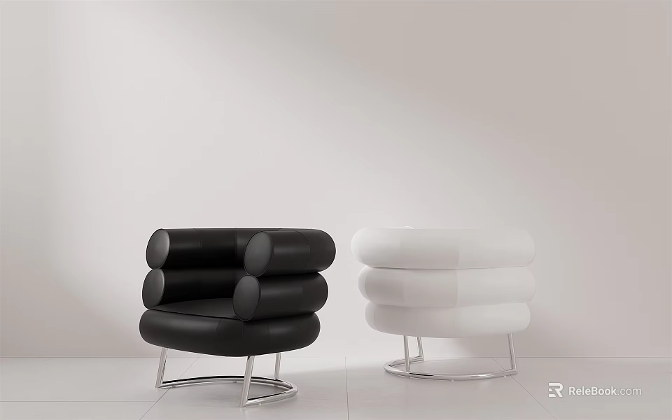 Black And White Modern Round Accent Chairs With Metal Legs Minimalist Design 3d model 