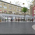 Lively Commercial Street With Multi Story Buildings Shops Plaza People Walking Colorful Balloons And Staircases