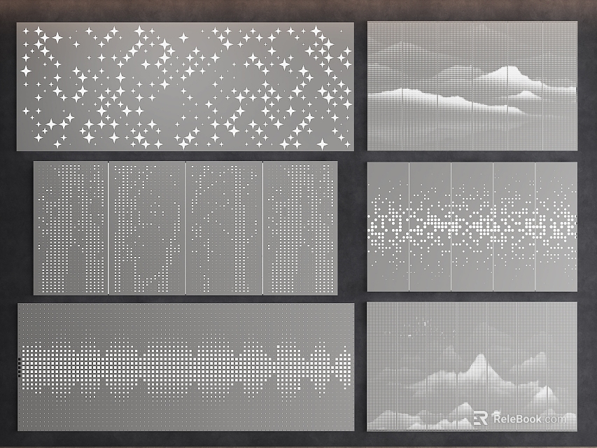 Modern Decorative Wall Panels With Geometric Patterns Mountain Silhouettes Vertical Lines And Dotted Waves 3d model 