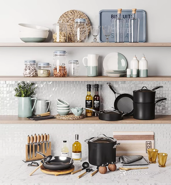 Organized Kitchenware On Kitchen Shelves With Pots Pans Knives Mugs And Plates 3d model 