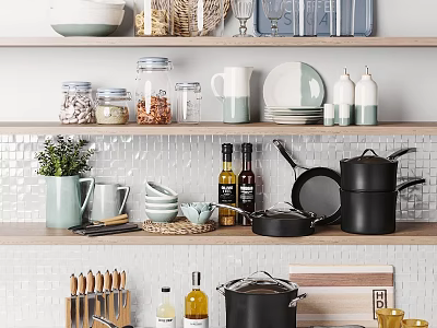 Organized Kitchenware On Kitchen Shelves With Pots Pans Knives Mugs And Plates 3d model