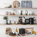 Organized Kitchenware On Kitchen Shelves With Pots Pans Knives Mugs And Plates