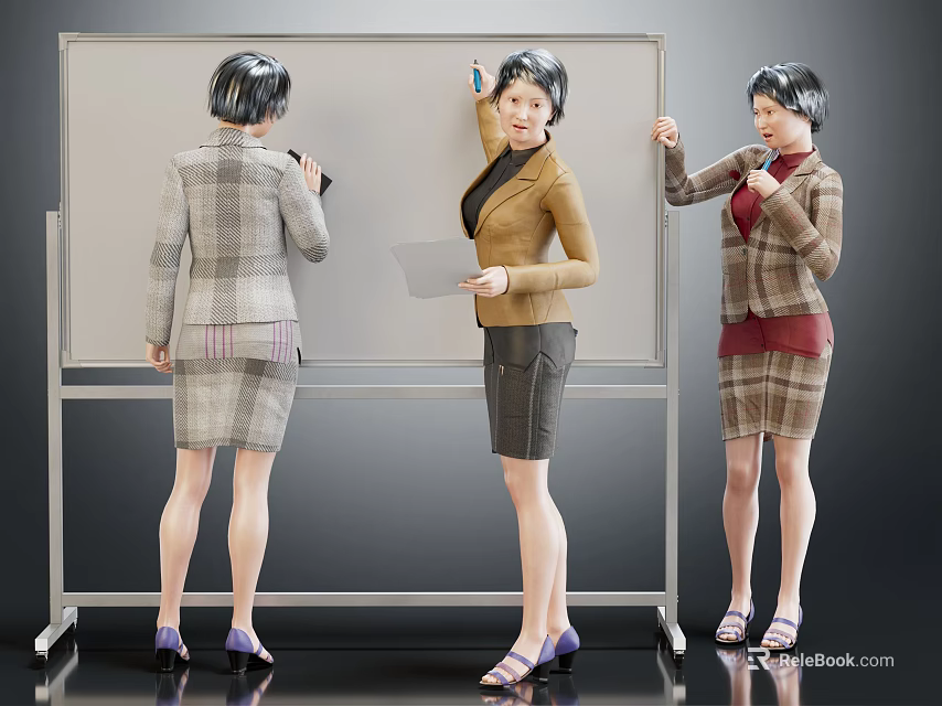 Women In Business Attire Presenting Discussing Holding Papers And Pointing At Whiteboard 3d model 