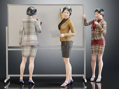 Women In Business Attire Presenting Discussing Holding Papers And Pointing At Whiteboard 3d model