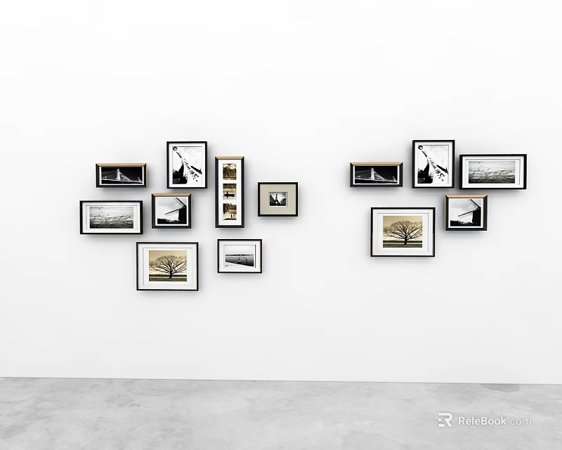 White Wall Decor With Various Size Photo Frames And Diverse Shape Photos On Gray Floor 3d model 
