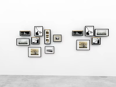 White Wall Decor With Various Size Photo Frames And Diverse Shape Photos On Gray Floor 3d model