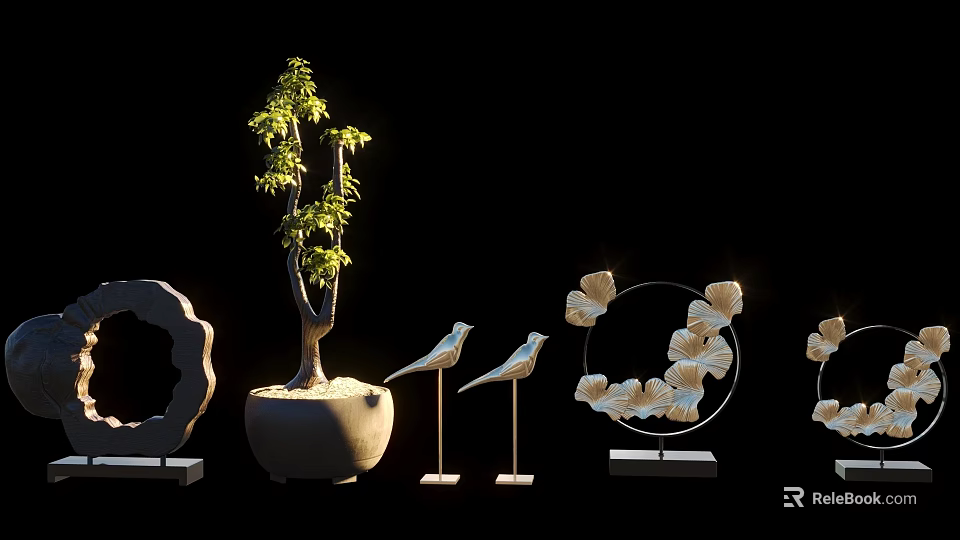 Modern Decorative Ornament Set With Small Tree Plant Bird Figurines And Circular Floral Decor 3d model 