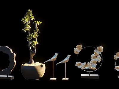 Modern Decorative Ornament Set With Small Tree Plant Bird Figurines And Circular Floral Decor 3d model