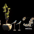 Modern Decorative Ornament Set With Small Tree Plant Bird Figurines And Circular Floral Decor