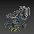 Mechanical Automatic Turret Weapon With Multi Legged Base And Yellow Black Warning Stripes