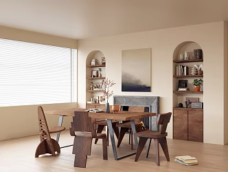 Middle Ancient Style Restaurant Solid Wood Dining Table Solid Wood Dining Chair Fireplace Background Fireplace Background Decorative Cabinet Wall Embedded Decorative Cabinet Decorative Hanging Painting Jewelry Ornaments Books 3d model