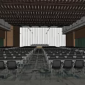 Spacious Conference Room With Wooden Ceiling Arranged Chairs Patterned Carpet And Front Platform