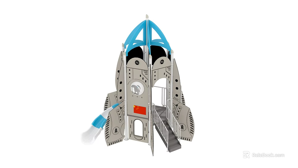 Rocket Shaped Play Equipment with Blue Slide Stairs and Red Elements for Kids 3d model