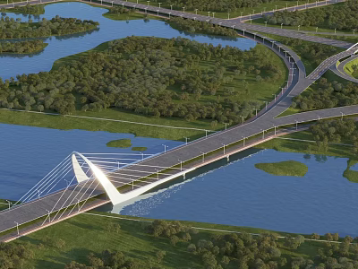 Modern Cable Stayed Bridge Spanning Lake With Green Landscaped Areas And Curved Roadways 3d model