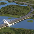 Modern Cable Stayed Bridge Spanning Lake With Green Landscaped Areas And Curved Roadways
