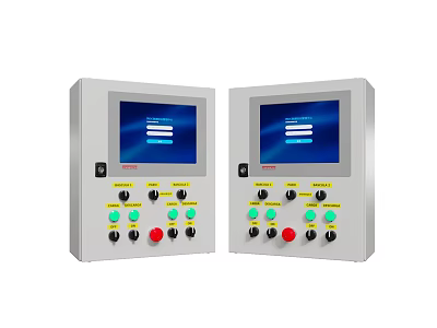 Two Industrial Control Panels With Display Screens And Multiple Colored Buttons 3d model